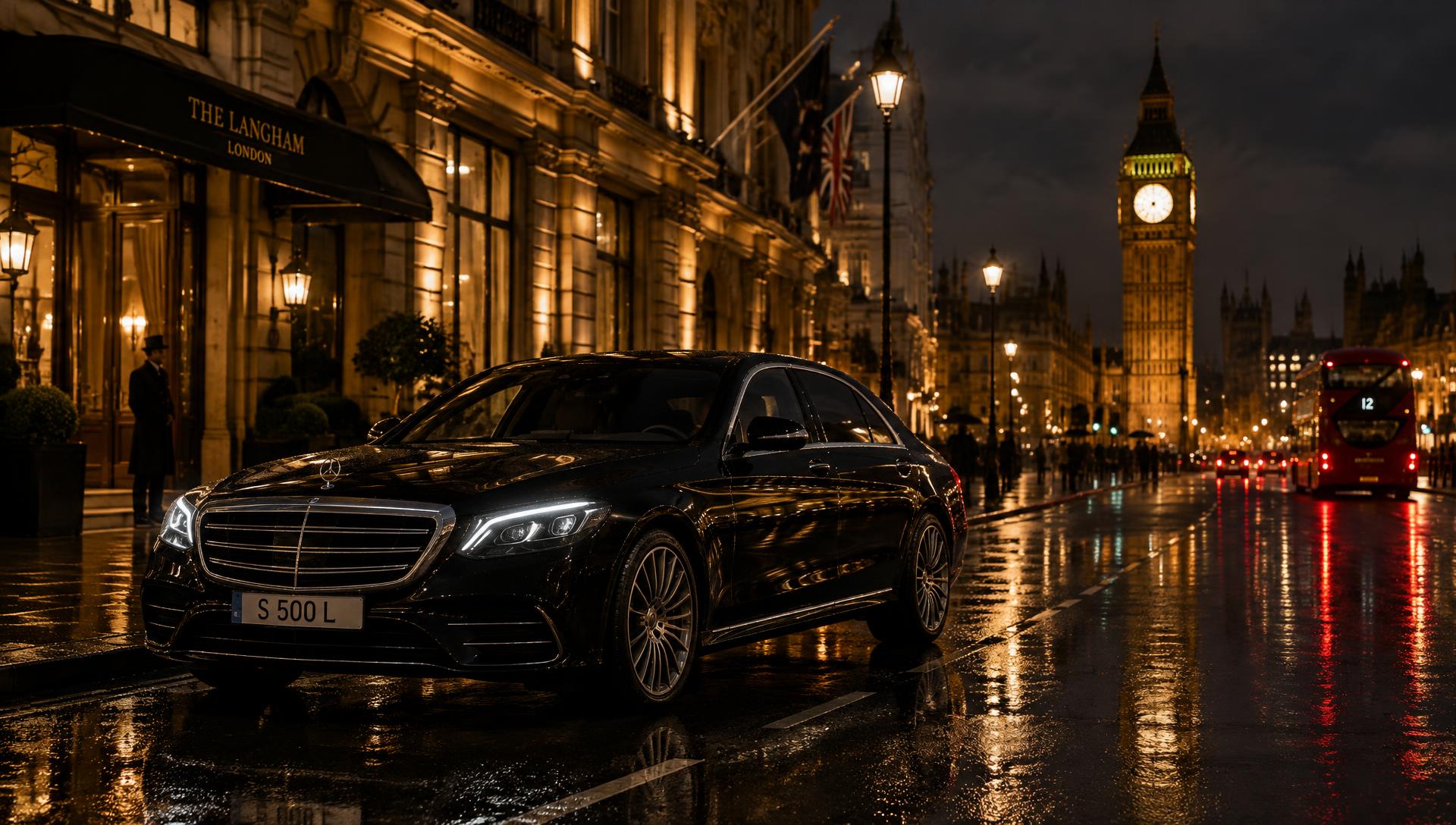 Black executive saloon outside a London hotel at night